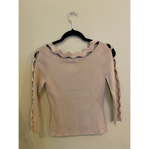 LEO GUY Vintage Womens Small Beige Knit Geometric Cut Out Shirt - Picture 4 of 5